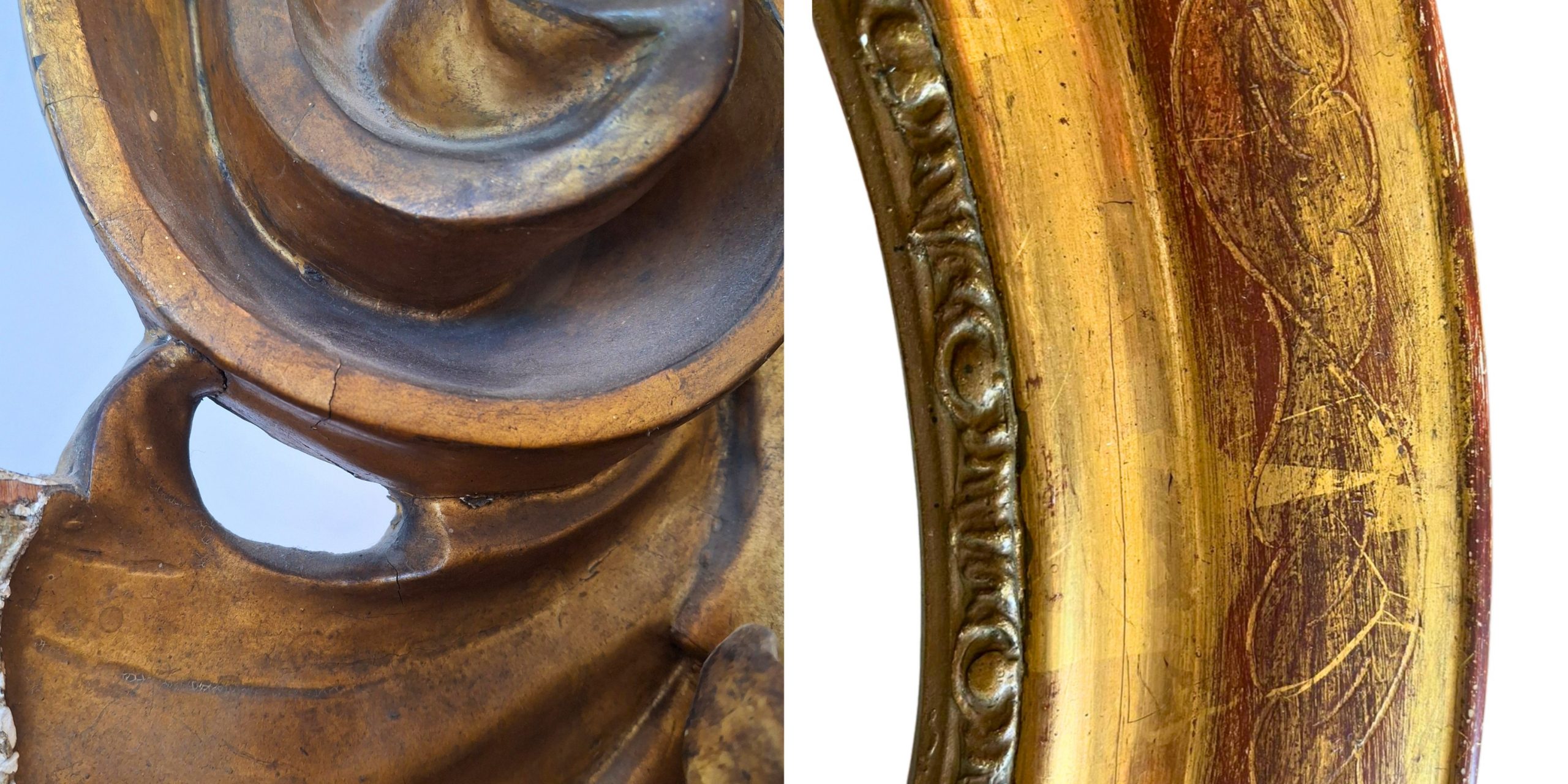 Reconnaître une dorure à la feuille d'or comparée à une bronzine oxydée, cadres anciens, atelier A-Dore, Centre Val de Loire, France